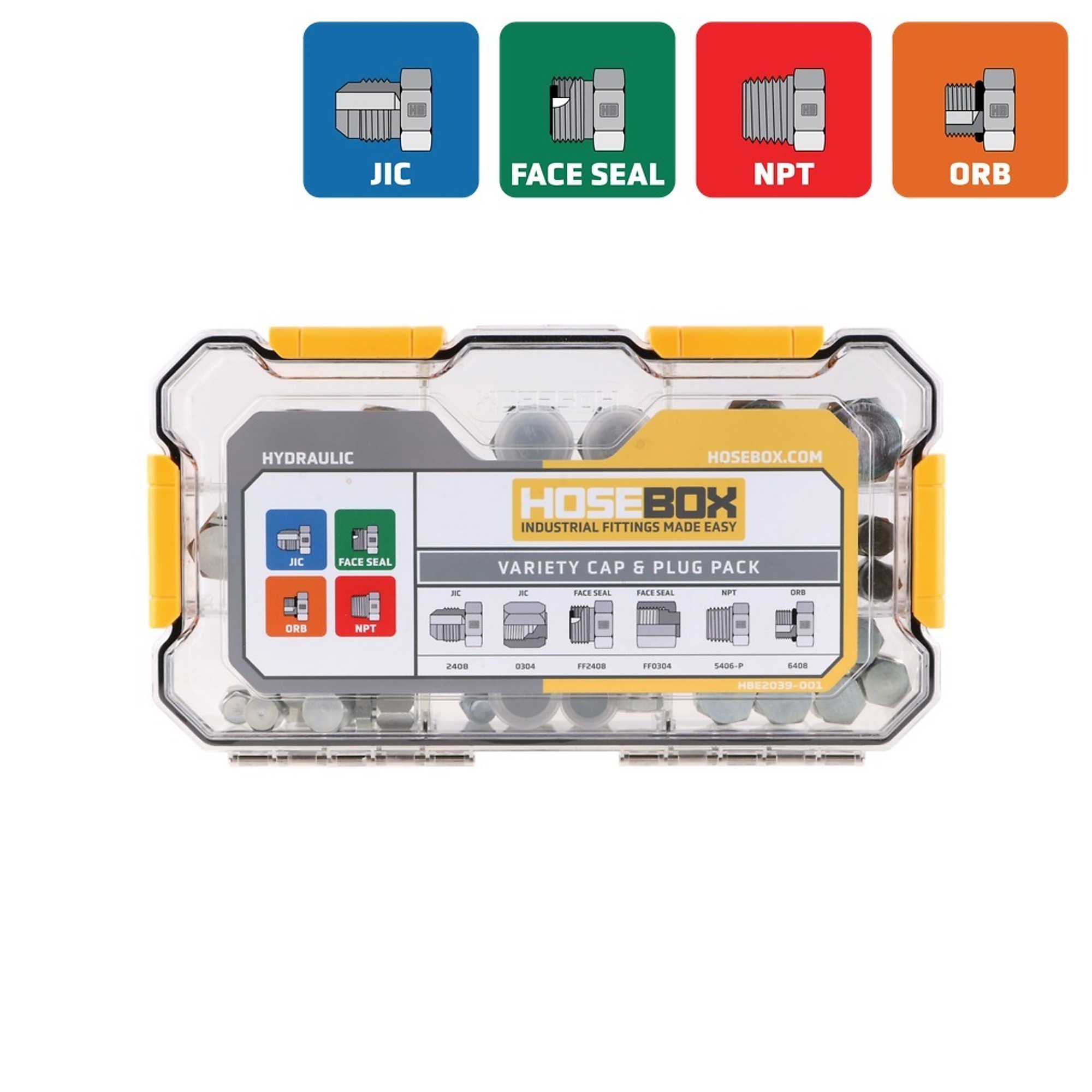 HoseBox Cap and Plug Pack, 86 Pieces, JIC, Face Seal, NPT and O-Ring Boss, Model# HBE2039-001